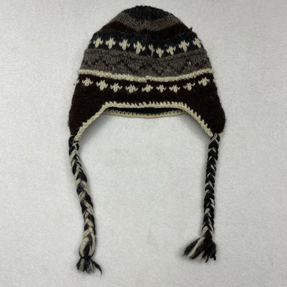 Nepal 100% Wool Fair Isle Knit Fleece Lined Trapper Beanie One Size Warm Chunky - Picture 2 of 8